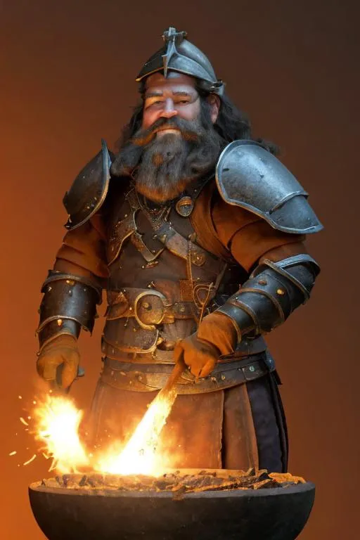 Prompt: The dwarf deity of forges and blacksmithing, male dwarf, fully armored, plate armor, magical plate armor, detailed face, thick beard, manly, strong, hammering metal, forge, large magical forge, dwarven forge, hammering at an anvil, high fantasy, photorealism, blacksmith, in a forge, working at a forge, magic anvil, handsome face, masculine, magic flames come from his fingers to heat the metal, detailed face

High quality
High resolution 