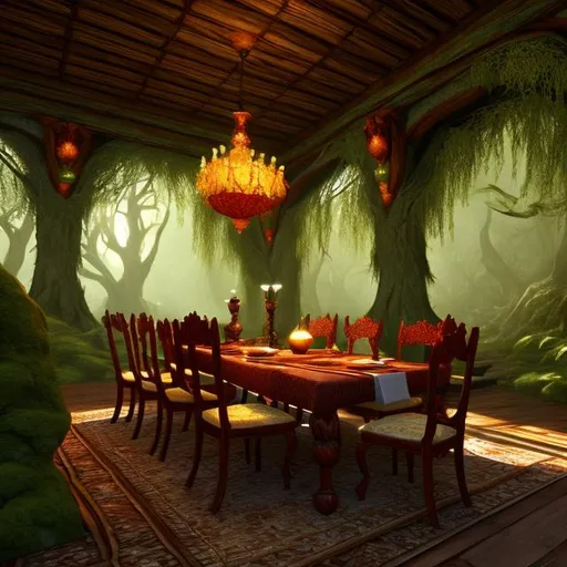 Prompt: fantasy forest, dining room interior, UHD, HD, 8K, 