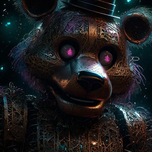 Prompt: Animatronic, freddy fazzbear, five nights at freddy's: highly detailed : nacreous filigree : intricate motifs : : by Android jones : Januz Miralles : Hikari Shimoda : by W. Zelmer : perfect composition : digital painting : artstation : smooth : sharp focus : sparkling particles"