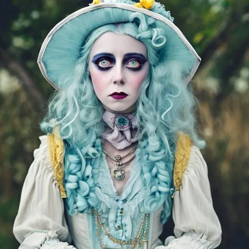 Prompt: an edwardian fortune teller with pastel blue and yellow hair stripped clothes in a tim burton style
