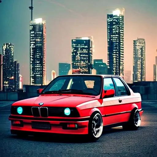 Prompt: pimped bmw e30 with widebody. at night time in a futuristic dark cyberpunk city full of neon light with sky scrapper and building in the background.