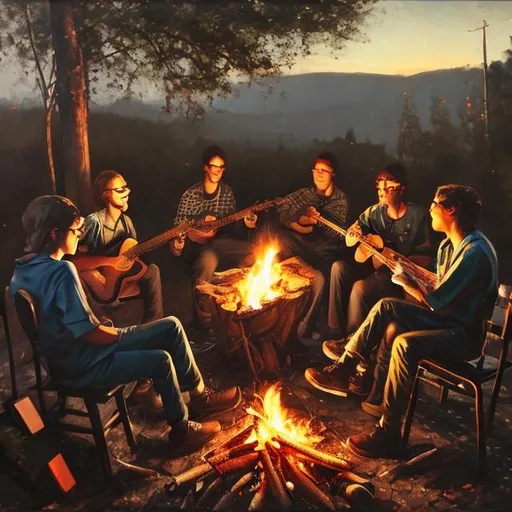 Prompt: 6 computer scientists around a camp fire, in night, singing, three man and one woman with guitar, style: social realism, oil on canvas