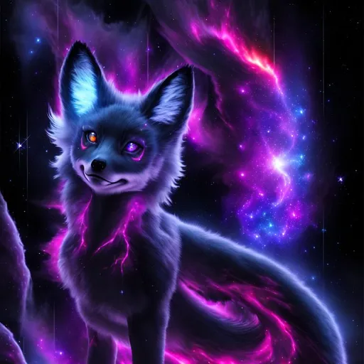Prompt: nebula, 3D, HD, full-body,  dark, plasma action portrait of a (plasma fox), expansive cosmic background --s98500