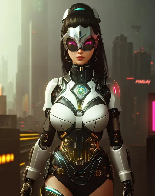 Prompt: futuristic female cyborg with a metal  mask, hyper realistic, dramatic lighting, 4k, high contrast, cyberpunk cityscape, neon lighting, club scene, trending on Artstation, nightfall, staring over her shoulder at the viewer
