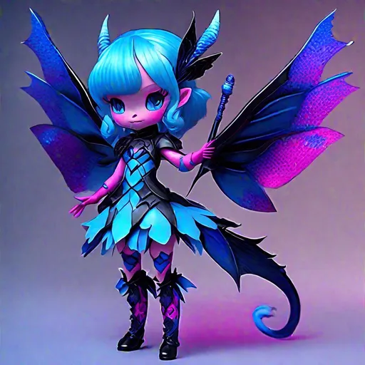 Prompt: Invisible Magical Transformation Girl Fairy, blue-black scales with deep fuchsia trim,  deep fuchsia horns, blue and sky-blue sword, sky-blue claws, blue-black tail, blue and fuscia wings, masterpiece, best quality