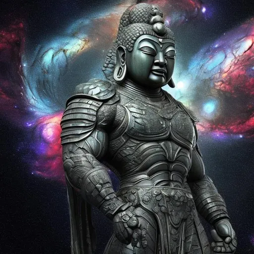 Prompt: labradorite armored bodybuilding buddha, widescreen, infinity vanishing point, spiral galaxy nebula background