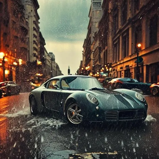 Prompt: create an image about, fashion, vintage, luxury, rain, thunder, city, cars, jewelry, 