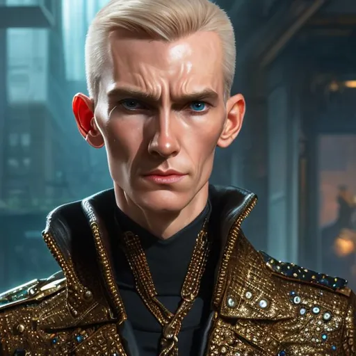 Prompt: Three-quarters portrait of scrawny slender male human secret police captain, looking scared, dressed in black studded leather, highly detailed, digital painting, art by Stanley Lau and Artgerm and magali villeneuve and Alphonse Mucha, artstation, octane render, cgsociety