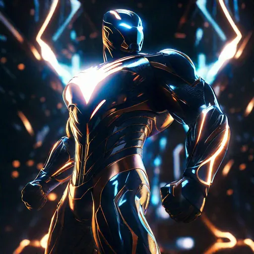 Prompt: Detailed scene, a close-up shot of a powerful superhero in a dynamic pose. The superhero is wearing a sleek, futuristic suit and is surrounded by a glowing aura. The details of the suit are incredibly intricate, and the muscles of the superhero are rendered with stunning realism. The overall feeling of the scene is one of power and energy