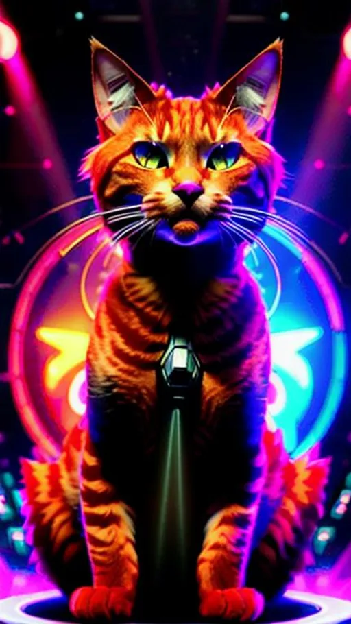 Prompt: A female red Cat singing rock metal songs on a stage: Chroma Trauma, glitch effect, cyberpunk, Surreal, Highly detailed, Digital art, Artstation, trending, deep focus, Sharp lines, by artist android jones and alex grey