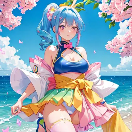 Prompt: detailed anime girl, BLUE HAIR, orange pink ponytail, pink eyes, green and yellow themed detailed swimsuit. Pink butterfly hair clip at the back of her head, green and yellow heels. Pink and white bow at the back of her waist. Orange and white flowers on her hair.Japanese Manga