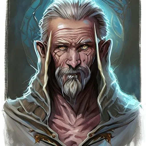 Prompt: ForgottenRealms art style. Dungeon Master for Dungeons and Dragons. Profile of Face. Wizard. sage. With kind Eyes and smile on face. color