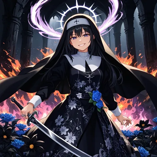 Prompt: (Nun), ethereal figure in a flowing (Black flower print dress) silver flower filigree, wielding a brilliant (two handed Black wide broadsword), radiating a mesmerizing (Purple aura), surrounded by a Abyssal (halo of fire), enveloped in stunning (Black and blue fire), set against a dramatic backdrop of Volcanic Cave and Demonic light, evoking a sense of Evil inspiration, ultra-detailed, cinematic quality, illuminating the scene in a warm, glorious glow. smug smile, black hair, ring of fire above head