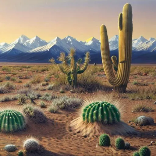 Prompt: A sandy hyperrealistic tundra with cactus