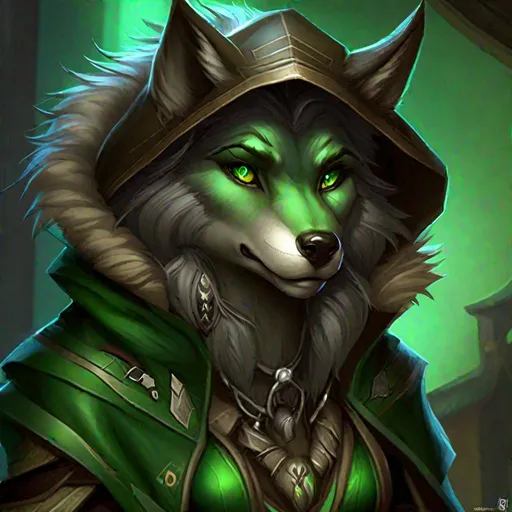 Prompt: animal anthropomorphic wolf female, furry art, worgen female, world of warcraft art, high quality digital art, concept art, highly detailed, stanley artgerm lau, cinematic, big green eyes, eyeliners, fluffy tail, looking at viewer, dressed in fantasy medieval clothes, wearing a coat with a hood, leather trousers, fingerless gloves, necklace, long hair, trees, concept art, standing, forest, night, moon