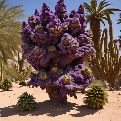 Prompt: giant, marijuana tree, giant purple buds, exotic buds, desert