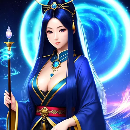 Prompt: Female, 20 years old, sorceress, blue long hair, japanese, dark fantasy style