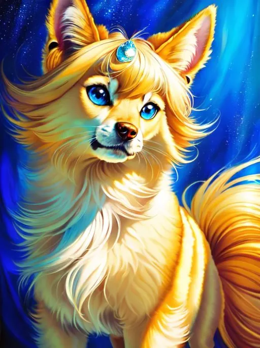 Prompt: 16k, 8k, 3D, ultra high definition, full body focus, very detailed, masterpiece, detailed painting, ultra detailed background, UHD character, UHD background, character design portrait of a beautiful medium-sized female {quadruped} with wind powers, pearl-gold fur and golden hairs, vivid crystal-blue eyes, long blue diamond ears with royal blue and magenta interior, (sapphire sparkling rain), sparkling gold mane, cute fangs, majestic like a wolf, playful like a fox, energetic like a deer, calm and inviting smile, ears of blue point siamese cat,  fur speckled with sapphire crystals, fluffy mane, insanely detailed fur, insanely detailed eyes, insanely detailed face, standing in fantasy garden, atmosphere filled with (sparkling rain) and (flower petals), pink and cyan flowers, cherry blossoms, mountains, auroras, pink twilight sky, Sylveon