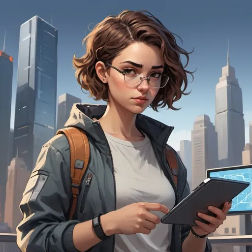 Prompt: (character design sheet)  "A young woman with short wavy hair, dressed in a mix of modern tech gear and casual clothes. She holds a portable device, her expression focused and determined as she analyzes data. The background shows a cityscape with hints of advanced technology."