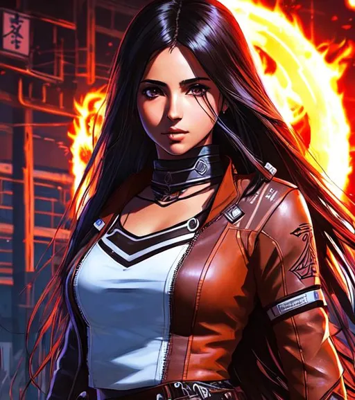 Prompt: Manga cover art. Naomi Scott with brown long hair, wearing brown well oil leather tribal cueitl from FFXIV, intricate cyberpunk tribal village, realistic face, emotional lighting, cover logo "Azmaat" , character illustration by Ilya Kuvshinov, chainsaw man, fire punch 