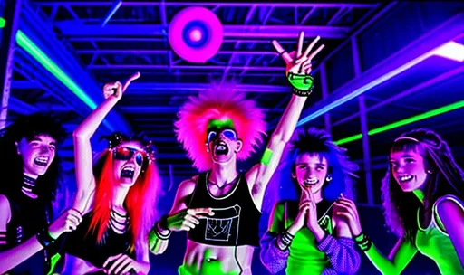 Prompt: 80’s 90s alien raver teens partying in futuristic technology  warehouse rave 