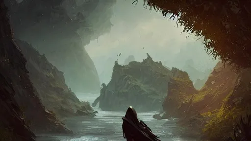 Prompt: fantasy concept art by greg rutkowski, hooded figure in the  foreground looks out over a dense jungle, rugged in the background, sea creature surfaces in the sea, gestural oil painting style, cinematographic morning light, artstation hq, 
