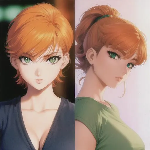 Prompt: 90s anime style, detailed, intricate face, detailed eyes, gentle tones, 90s tones, beautiful woman, short orange hair, gowing green eyes, black pupil's 