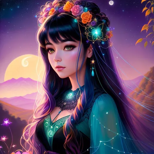 Prompt: portrait painting of a beautiful girl, style of Yoshitaka Amano and Pixar, (messy long hair), ropes, bright, ((midnight in a valley field)), bioluminescent, veils, moon, (wearing intricate frock), stars, night sky, vines, delicate, teal, pink, orange, black, bright colors, soft, (((webs))), silk, threads, lilypads, lillies, ethereal, nebula, galaxy, luminous, ribbons, 3D lighting, soft light