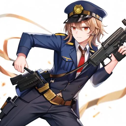 Prompt: Caleb as a police officer in a gunfight bullets flying
