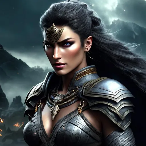 Prompt: HD 4k 3D 8k professional modeling photo hyper realistic beautiful warrior woman ethereal greek goddess of injustice
mysterious barbarian dark gray hair dark eyes gorgeous face black skin tattoos shimmering dark armor with jewelry full body surrounded by magical glowing light hd landscape background dark ancient war