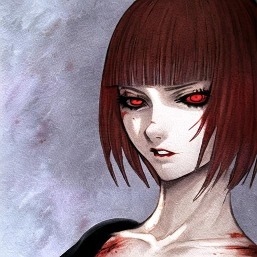 A girl with a pixie cut covered in blood with a deat... | OpenArt