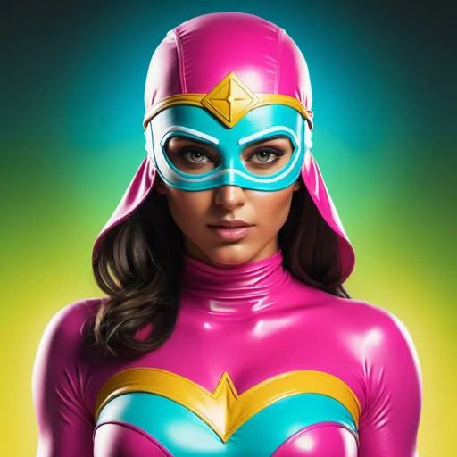 Prompt: superheroine in a  bright tight superhero outfit with a tight fitting head covering superhero mask (((covering hair, head, and face))), with glowing eye holes, realistic comic book themed background.