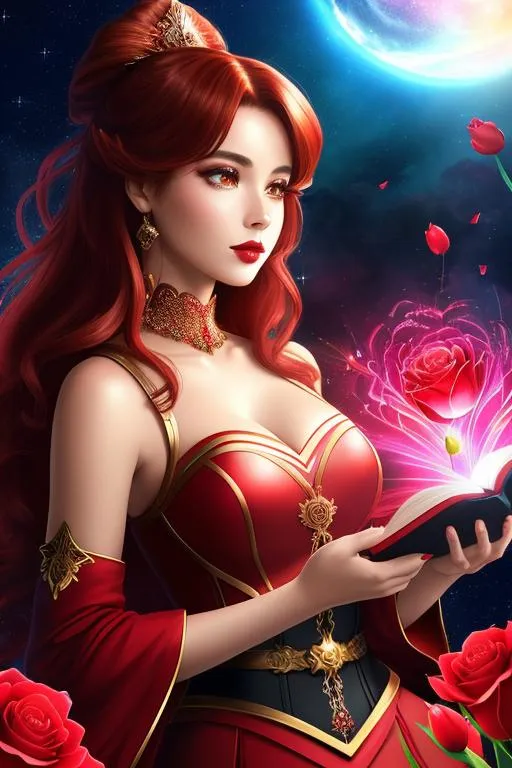 Prompt: ((Red)))Magic Glowing Book, light coming out of it, full color black girl clusters newton fractal sky background, A hyper realistic full body image. A surreal landscape of a rose and tulip warrior, wearing soft petals, complexion, bright red gloss lips, rosy cheeks, red lips, voluminous auburn brown hair, stylized CGI, fantasy genre, mature woman.
