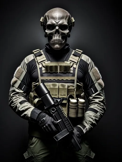 Prompt: raw photo of a  man with skull mask , dark background , wearing tactical gears
