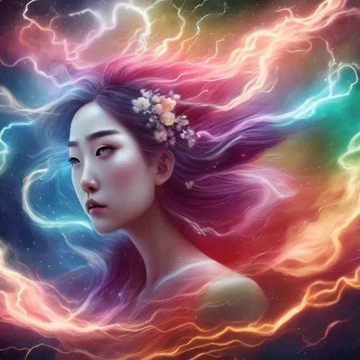 Prompt: Bloom, Nebula, Young girl, Long Flowing hair, Storm, Dynasty