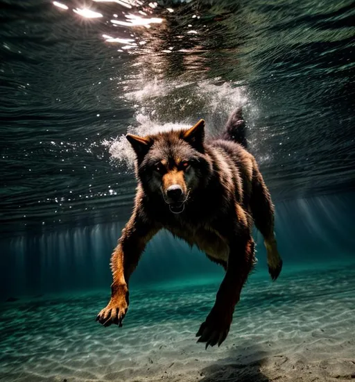 Prompt: Werewolf swimming underwater 