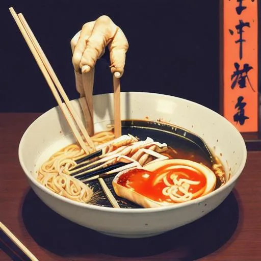 Prompt: cat holing a pair of chop sticks eating a bowl of ramen with a human arm sticking out of the bowl, in the night streets of japan