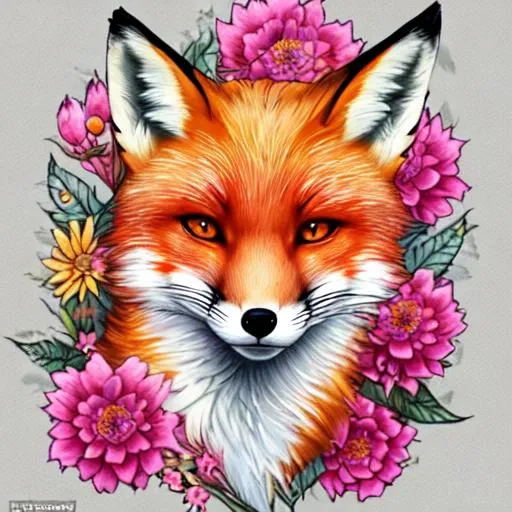 Prompt: A tattoo design of a realistic fox surounded by flowers