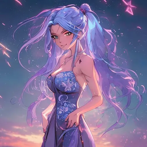 Prompt: female character with a height of about 180 cm, long blue hair with a ponytail, wearing a kebaya dress, large F cup bust. Background atmosphere of the beach at night and stars in the sky and make it with anime style images