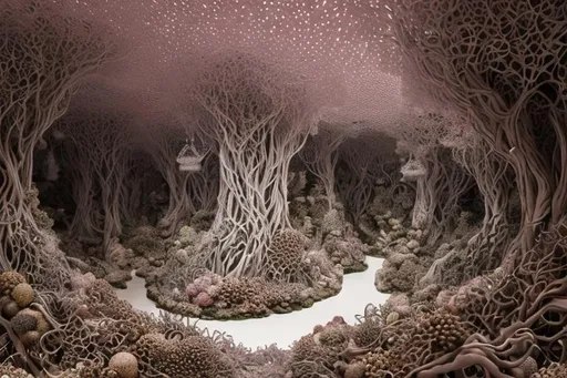 Prompt: Create a beautiful diorama of a fantasy forest in the style of Tara Donovan