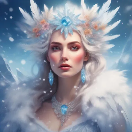 Prompt: Colourful and beautiful ice queen Persephone with snow feathers for hair, wearing a dress made of snow feathers, wearing crystal jewelry framed by the sun, clouds and snow, in a dreamy painted style