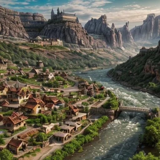 Prompt: Fantasy town along the river, one side only, panoramic picture, landscape, photo realistic, intricate details, open plains, no mountains
