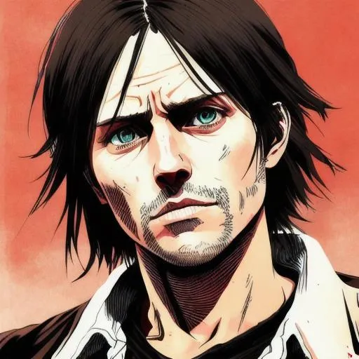 Prompt: Portrait of eren yeager as a character in red dead redemption 2, Long hair, short beard