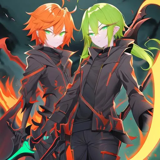 Prompt: Ziminiar male. Sharp green eyes. Short orange hair. Grim reaper. UHD, HD, 4K. Holding a glowing orange scythe 