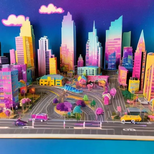 Prompt: Lisa frank style city diorama