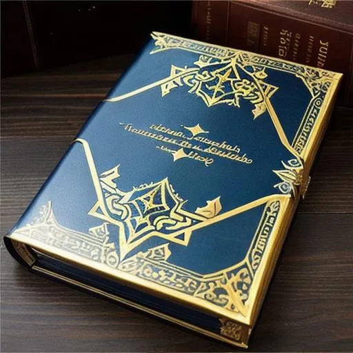 Prompt: Fantasy blue hardcover magic spellbook, ultra realistic, intricate gold script inlay on the cover, trending on artstation, 