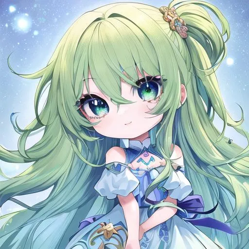 Prompt: masterpiece, (Chibi), blue hair, long hair, green eye, detailed face, happy, highlight eyes, pastel color, anime style, dress, white background