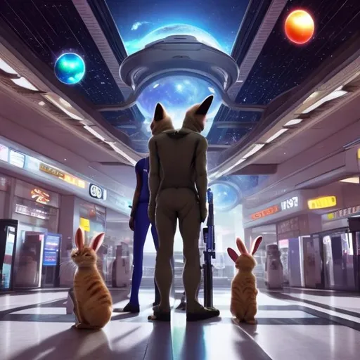 Prompt: cat security guards in a busy alien mall, widescreen, infinity vanishing point, galaxy background, surprise easter egg