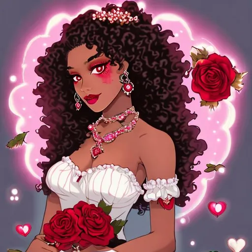 Prompt: very light pink regal curly hair, black girl,  brown skin, one red rose in hair,  red eyeshadow, glowing red heart eyes, white pearl necklace, red lips, elegant, sensual romantic enchantress rpg.