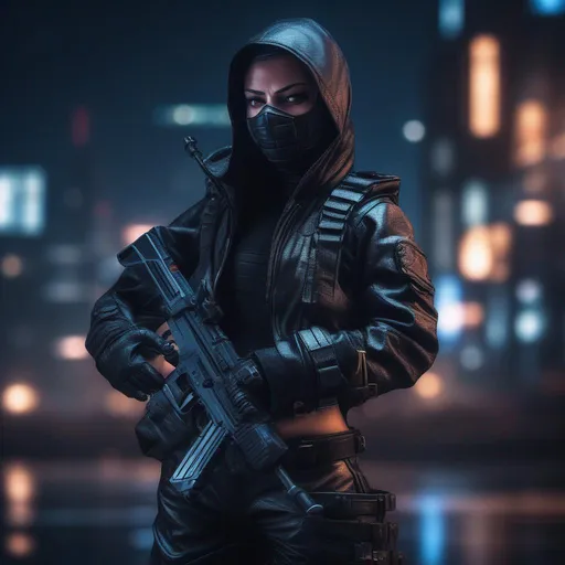 Prompt: A ultra realistic cyberpunk Ninja at night, complex build, a tired leather uniform, holding a Uzi. realistic photography